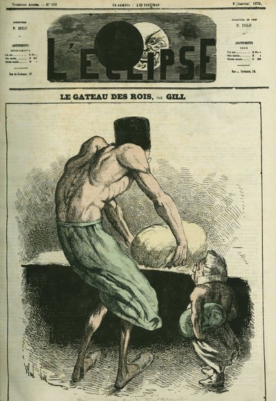 Kongenes kake, en petri pastaen, den andre holder feberen. Omslag i "" L'Eclipse"" av Gill, 9. januar av Andre Gill