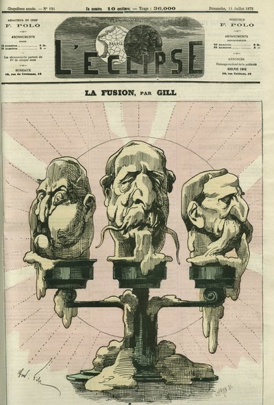 Fusjonen, en illustrasjon av konstitusjonen til forsamlingen, med royalister, bonapartister og republikanere. Omslag i "" L