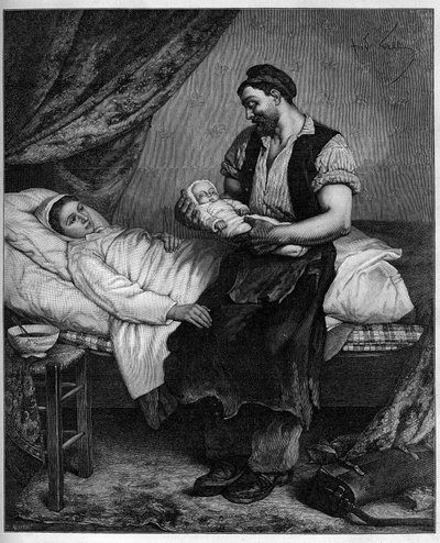 Den nye (nyfødt). Gravering etter maleriet av Andre Gill (1840-1885) i "" The Illustrous World"" nr. 1283 av 29. oktober av Andre Gill