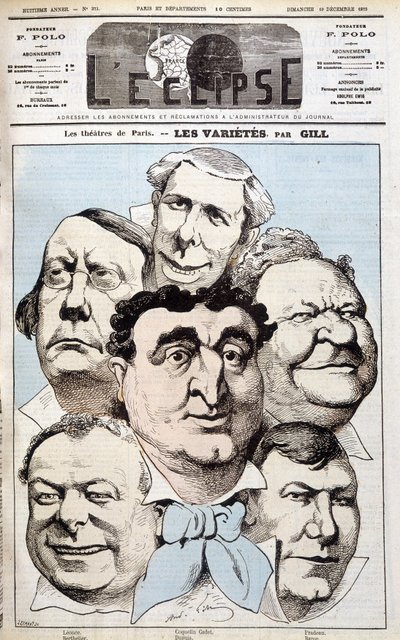 Portrettene av Léonce, Berthelier, Poppy Cadet, Dupuis, Pradeau og Baron, teaterforfattere. Tegneserie av Gill i "" L'eclipse"", 19.12.1875. av Andre Gill