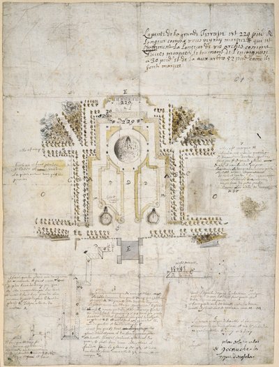 Design for landskapsforming av hagen og parken ved Queen's House, Greenwich, 1662 (penn, blekk og vask) av Andre Le Notre