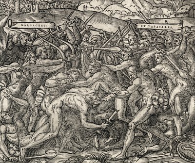 Kamp mellom stammene Margageaz og Tabajares, gravering fra Universal Cosmology, av Andre Thevet (1504-1592) av Andre Thevet