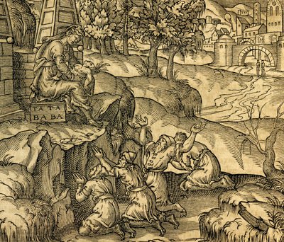 Trofast tilbedende gudinne Tata Baba i Muscovy-regionen, gravering fra Cosmographie Universelle, av Andre