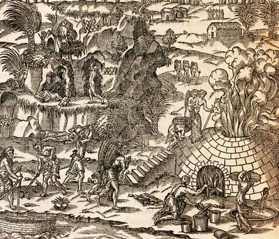 Indiske slaver som jobber i gruven på Cuba, Illustrasjon fra Cosmography av Andre Thevet, gravering av Andre Thevet
