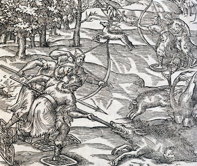 Indere villsvinjakt, gravering fra Universal Cosmology, av Andre Thevet (1504-1592), Paris av Andre Thevet