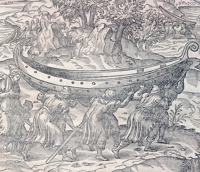 Laplandere som bærer båtene sine fra ett sted til et annet, gravering fra Universal Cosmology, av Andre Thevet (1504-1592), Paris av Andre Thevet