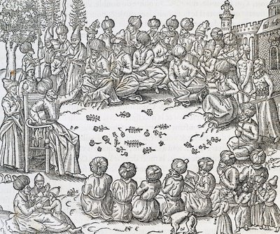 Møte mellom tyrkere og arabere, Marokko, gravering fra Universal Cosmology, av Andre Thevet (1504-1592), Paris av Andre Thevet