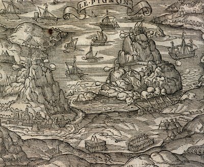 Sjøslag nær øya Le Pignon, gravering fra Cosmographie universelle, av Andre Thevet (1504-1592), Paris av Andre Thevet