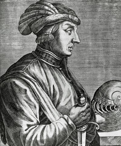 Portrett av Castruccio Castracani (ca 1281-1328), Lord of Lucca, gravering fra The True Portraits and Lives of Illustrious Men av Andre Thevet