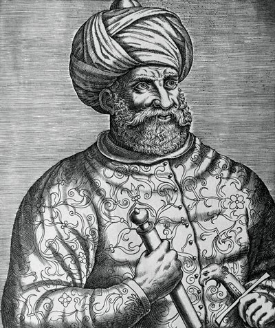 Portrett av Khayr al-Din, kjent som Barbarossa (1465-1546), tyrkisk korsar og admiral, gravering av Andre Thevet (1502-1590) av Andre Thevet