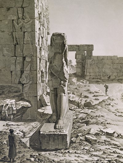 Utsikt over kolossen ved inngangen til hypostilhallene til palasset i Karnak, Theben, plate 20 fra Vol III av 