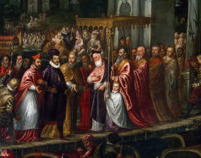 Doge Mocenigo og patriark Trevisan ønsket Henry III velkommen til Lido i 1574 av Andrea Vicentino