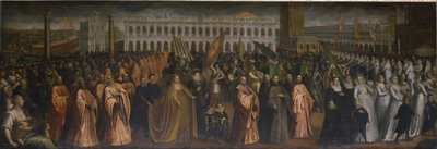 Dogaressa Marina Morosini-Grimani forlater Palazzo Grimani for hennes kroning i Palazzo Ducale, Venezia av Andrea Vicentino