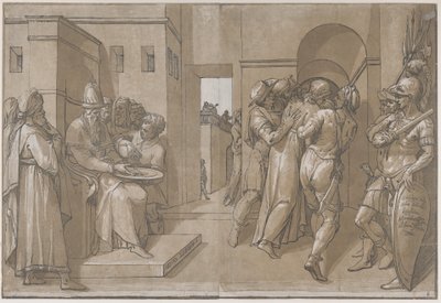 Kristus blir ført bort, soldater står på høyre side av arket, 1585. av Andrea Andreani