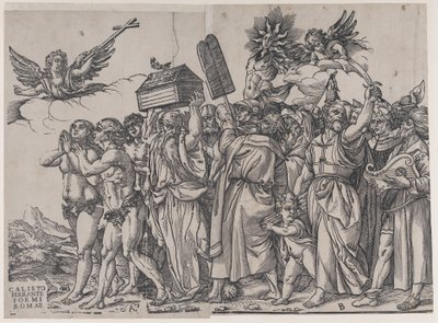 Seksjon A: en engel som holder et kors øverst til venstre, Adam og Eva under, fra The Triumph of..., 1836. av Andrea Andreani