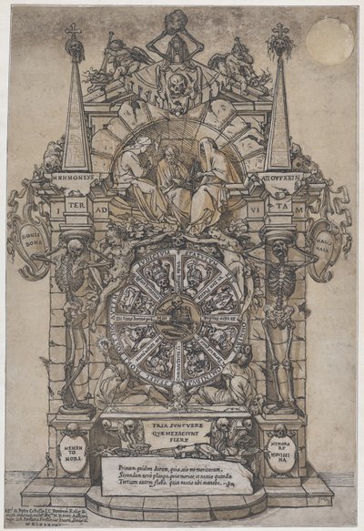 Triumph of Death med tre skjebner i en arkitektonisk ramme over et lykkehjuls flanke..., 1588. av Andrea Andreani