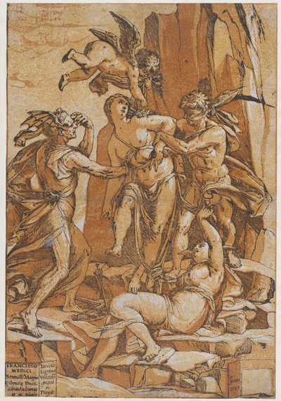 Dyd som en ung kvinne i sentrum av fire figurer som representerer kjærlighet, feil, uvitenhet ..., 1585. av Andrea Andreani