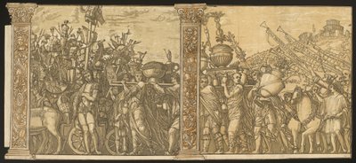 Julius Cæsars triumf [nr. 3 og 4 pluss 2 kolonner] av Andrea Andreani after Andrea Mantegna