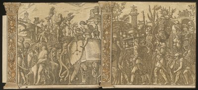 Julius Cæsars triumf [nr. 5 og 6 pluss 2 kolonner] av Andrea Andreani after Andrea Mantegna