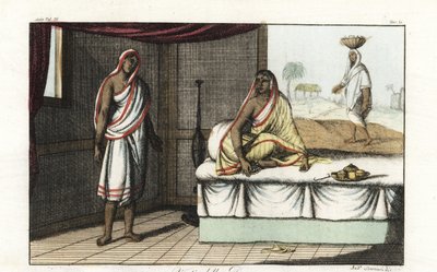 Ulike typer sari og klær som bæres av indiske kvinner. Kvinne av utmerkelse i sari og slør sittende på sofa, og kvinne av lavere rang i kort sari. Håndfarget kobberplate tegnet og gravert av Andrea Bernieri etter Francois Solvyns fra Giulio Ferrari av Andrea Bernieri
