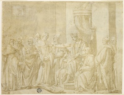 De hellige Peter og Paul diskuterer med Simon Magus før Nero (rekto); Fem scener fra historien om Moses (verso) av Andrea Boscoli