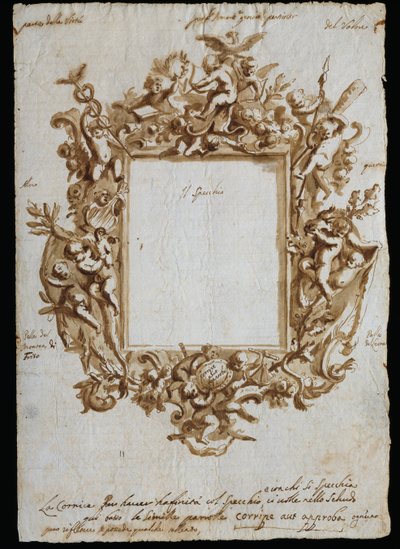 Ortogonal tegning for allegorisk ramme, ca 1700, av Andrea Brustolon (1662-1732), akvarellpenn på hvitt papir, Italia av Andrea Brustolon