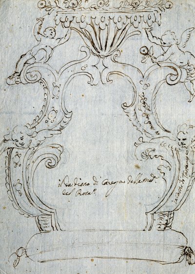 Skisse for stolrygg, ca 1715, av Andrea Brustolon (1662-1732), blyant og penn på hvitt papir, Italia av Andrea Brustolon
