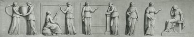 Et grisaillepanel som viser kvinnelige figurer inkludert muser av Andrea Casali
