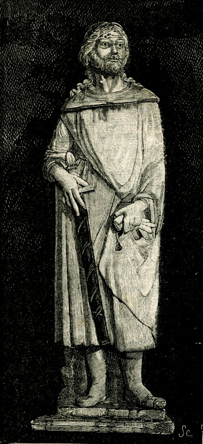 Julian the Hospitaller, statue av Andrea Della Robbia (1435-1525 eller 1528), oratorium av Madonna del Buon Consiglio, Prato, Toscana, Italia, tresnitt fra Le cento citta d