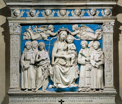 Madonna og barn med hellige, av Andrea della Robbia (1435-1525), glasert keramikk, Medici-kapellet, Santa Croce-kirken, Firenze, Italia av Andrea Della Robbia