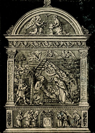 Fødsel, altertavle i terrakotta av Andrea della Robbia, fra kirken Saint Clare, Civic Museum of Sansepolcro, Toscana, Italia, tresnitt fra Le cento citta d'Italia (Hundre italienske byer), illustrert månedlig tillegg av Il Secolo, Milano av Andrea Della Robbia