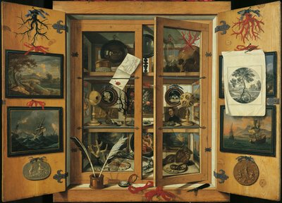 Kuriosakabinett (med glassdører) med forskjellige gjenstander, av Andrea Dominico Remps (1621-1699). av Andrea Domenico Remps