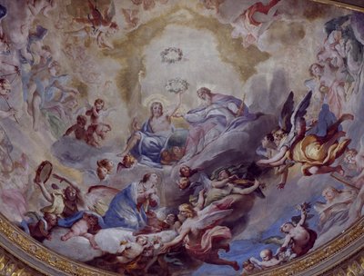 Coronation of Virgin, freskomaleri malt i 1699 av Andrea Lanzani (1641-1712) fra koret til Sanctuary Of Incoronata, Lodi. Italia av Andrea Lanzani