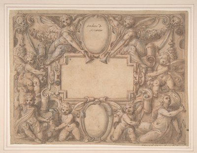 En kartusj og to skjold omgitt av allegoriske figurer., 1570-1631. av Andrea Lilli