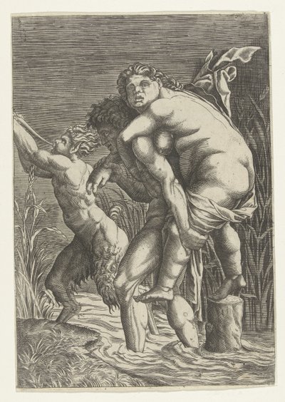 Mannen bærer kvinne på ryggen og en satyr av Andrea Mantegna (school of)