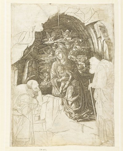 Maria med barn omgitt av engler i hulen med Josef og kongen i tilbedelse av Andrea Mantegna (school of)