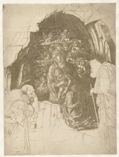 Maria med barn omgitt av engler i hulen med Josef og kongen i tilbedelse av Andrea Mantegna (school of)