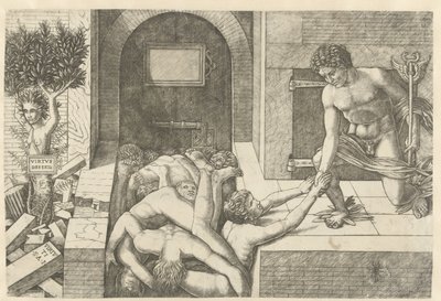 Merkur som personifisering av dyd redder sjeler i Limbo og Daphne blir til tre Virtus Deserta (tittel på objekt) av Andrea Mantegna (school of)