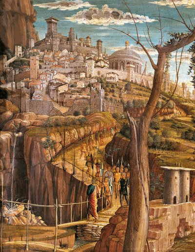 Agony in Garden av Andrea Mantegna (1431-1506), tempera på tre, 71x94 cm, detaljvisning av Jerusalem av Andrea Mantegna