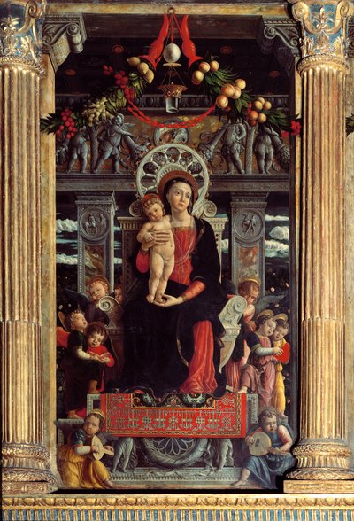 Altertavle av san Zeno: sentralpanel "" Madonna et barn med ni engler"" Maleri av Andrea Mantegna (1431-1506) 1457-1459 Verone, Basilica di San Zeno, Italia av Andrea Mantegna