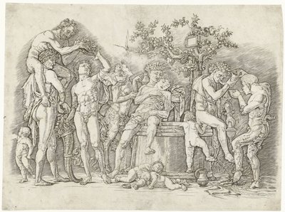Bacchanal med satyrer og bacchanter ved vinpresse av Andrea Mantegna