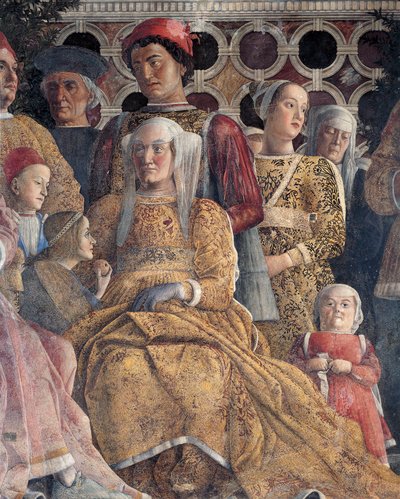 Barbara av Brandenburg med datteren Paula og Rodolfo Gonzaga, detalj fra Court Wall, av Andrea Mantegna (1431-1506), freskomaleri, San Giorgio Castle, Wedding Chamber eller Camera Picta, Mantua av Andrea Mantegna