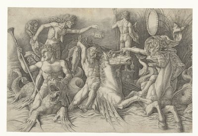 Battle of the Sea Gods, med Envy (Invidia) til venstre Kamp mellom satyrer som rir på hippocampi og gammel kvinne som personifisering av misunnelse som står på ryggen av dragen Slaget ved havgudene av Andrea Mantegna