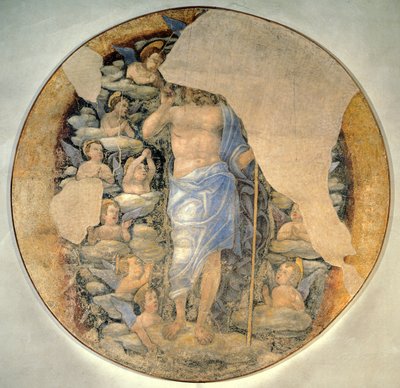 Kristus stiger opp til himmelen i herlighet omgitt av engler, ca. 1488, tilskrevet Andrea Mantegna (1431-1606), fresco av Andrea Mantegna