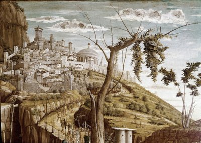 Kristus ber i hagen med oliventrær, venstre del av predellen, San Zeno-altertavlen (tempera på tre, ca. 1457-1460) av Andrea Mantegna
