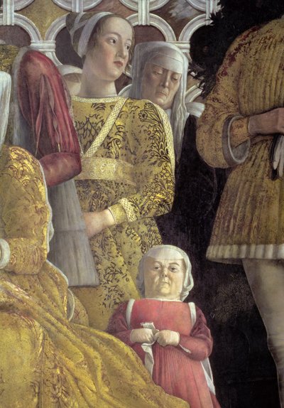 Dverg og andre hoffmenn fra gruppeportrettet av familien og hoffet til Marchese Ludovico Gonzaga III av Mantua, fra Camera degli Sposi eller Camera Picta, 1465-74 freskodetalj av 78449 av Andrea Mantegna