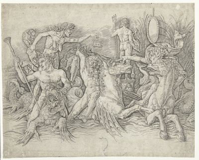 Kamp mellom satyrer som rir på hippocampus og gammel kvinne som personifisering av misunnelse som står på drageryggen Slaget ved havgudene av Andrea Mantegna