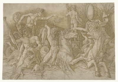 Kamp mellom satyrer som rir på hippocampi og gammel kvinne som personifisering av misunnelse som står på drageryggen Kampen mellom havgudene av Andrea Mantegna