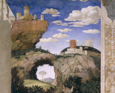 Landskap med et slott, fra Camera degli Sposi eller Camera Picta, 1465-74 (fresco) av Andrea Mantegna