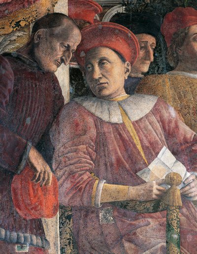 Ludovico Gonzaga og rådgiver Marsilio Andreasi, detalj fra Court Wall av Andrea Mantegna (1431-1606), freskomaleri, San Giorgio Castle, Wedding Chamber eller Camera Picta, Mantua av Andrea Mantegna